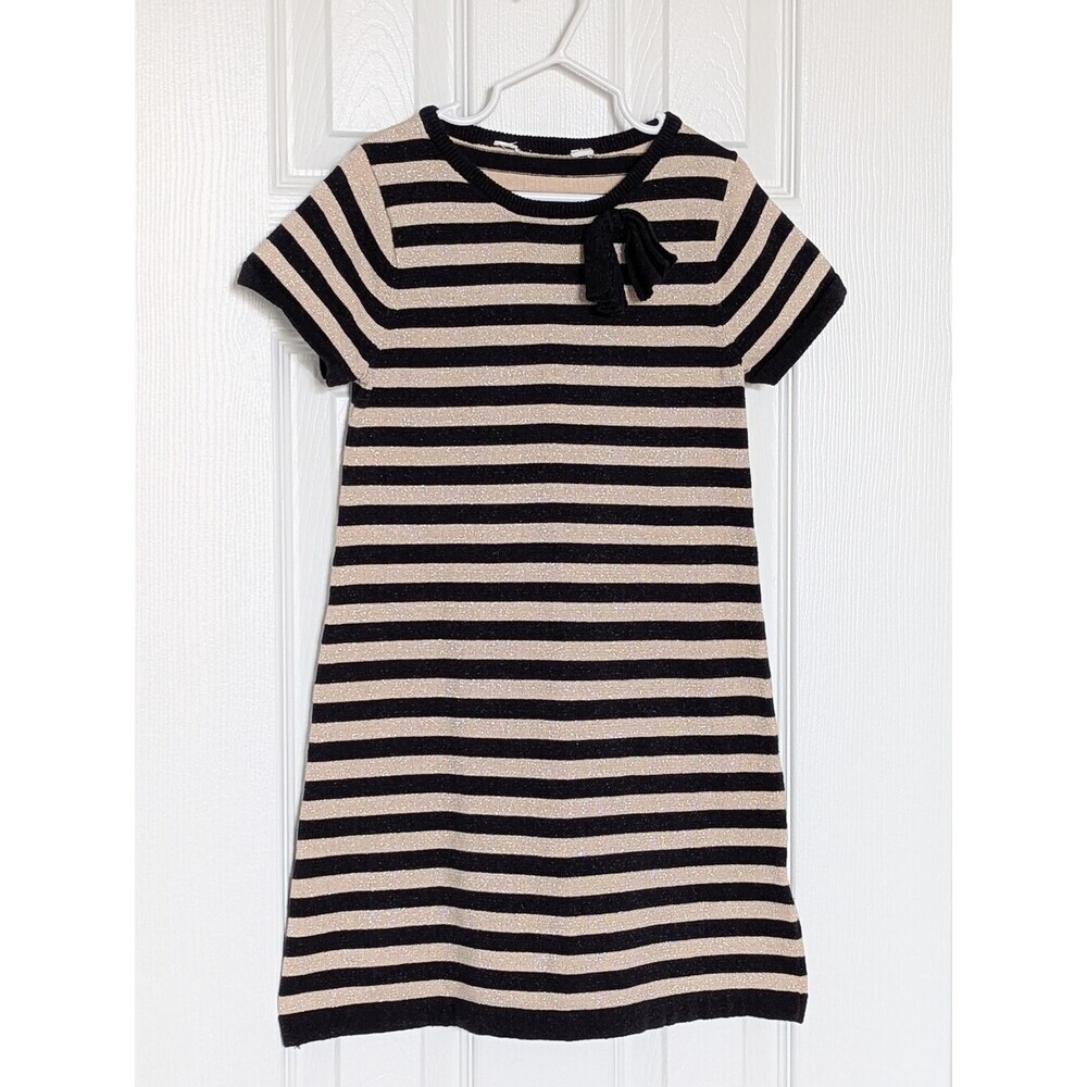 Girls' Black & Shimmering Gold Striped Short-Sleeve Knit Dress w/Bow Accent